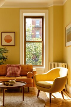 Color drenching living room in older city apartment with saffron walls, loveseat, and armchair. Intimate social setting for home design concepts