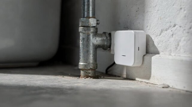 Water leak sensor device mounted on a wall near a pipe fitting, concept of smart home technology, property protection and water damage prevention