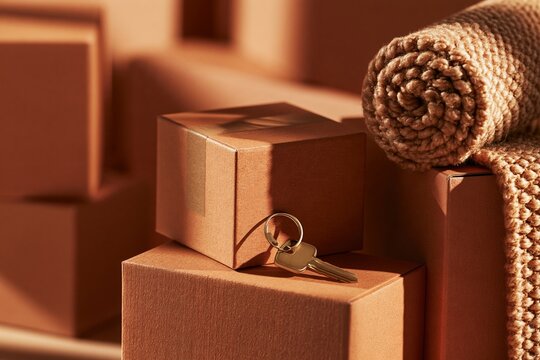 Metal key on brown cardboard delivery boxes, moving house and real estate concept