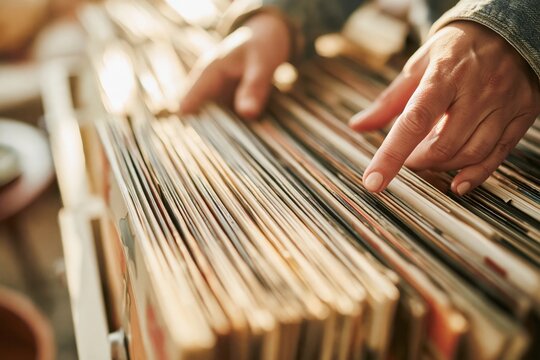Person browsing vintage vinyl records in shop, warm golden lighting