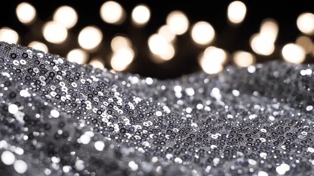 Silver sequined fabric shimmering against warm bokeh. Glittering textile, abstract luxury background. Fashion, glamour and celebration concept. Elegant festive texture.