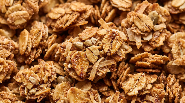 Crunchy Granola Cereal Mix Close-up, Healthy Breakfast Food Background