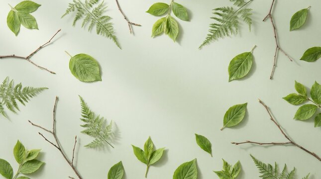Minimal green botanical background with delicate leaves and soft natural shadows. Organic nature inspired backdrop for wellness, skincare and eco friendly design.