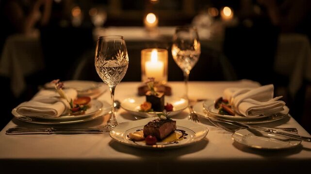 Elegant date night table setting with candlelight, glassware and a multi-course meal, concept of romantic dining and fine dining restaurant experience