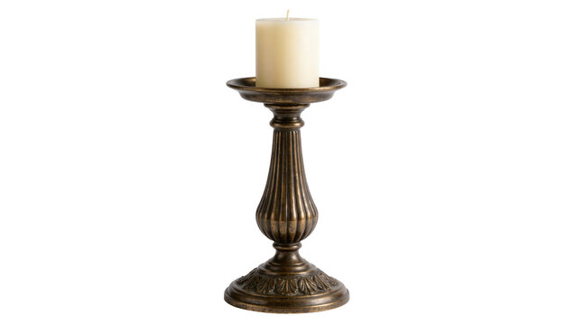 Antique bronze metal candlestick holder with a cream colored wax pillar candle
