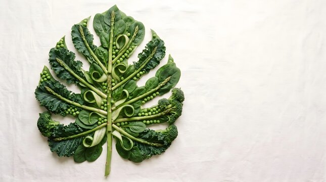 A minimalist top-down shot of a large green tropical monstera leaf decorated with intricate organic vegetable carvings