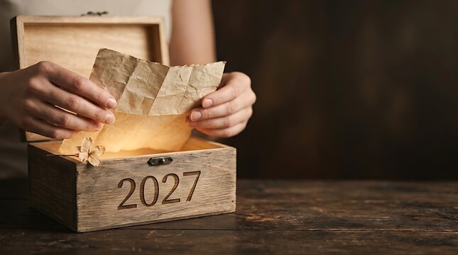 Hands unfolding paper over wooden box with 2027 engraving on dark rustic table