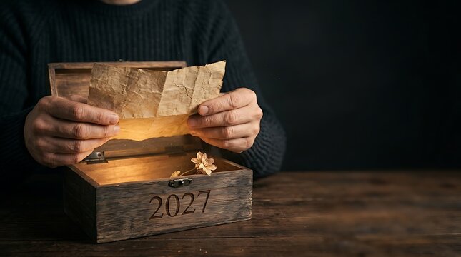 Hands opening wooden box with 2027 engraving and glowing paper on table