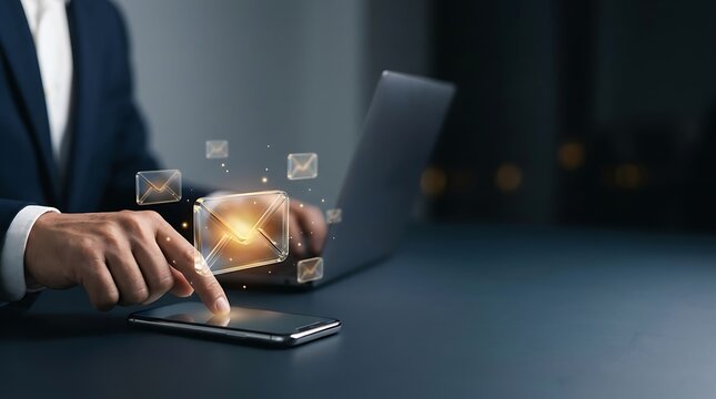 Businessman using smartphone with glowing digital email icons on dark office desk