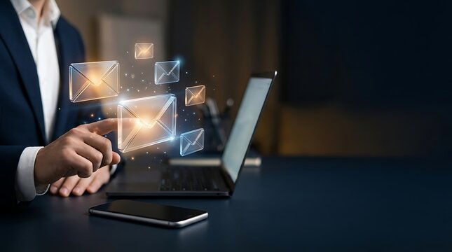 Businessman touching glowing digital email icons above laptop on dark office desk