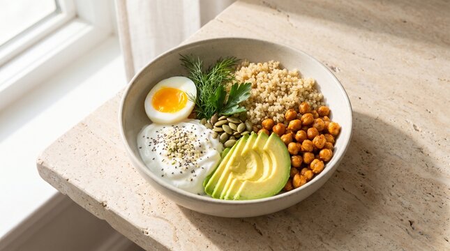 Healthy high protein breakfast bowl with eggs, avocado, quinoa and fresh ingredients. Balanced nutrition and wholesome food concept.