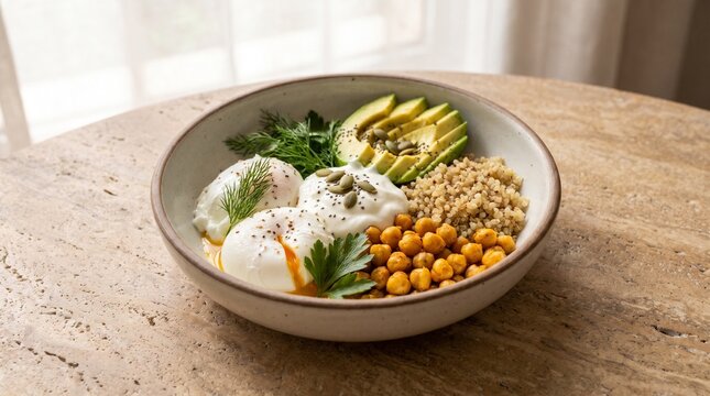 Healthy high protein breakfast bowl with eggs, avocado, quinoa and fresh ingredients. Balanced nutrition and wholesome food concept.