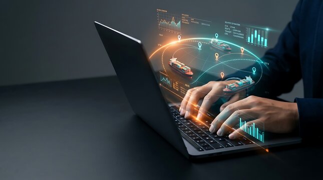 Manager using laptop with digital shipping lane interface for global logistics tracking