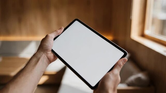 Hands holding a tablet with a blank screen in a wood cabin interior, concept of smart home technology, eco friendly heat and light control for modern living