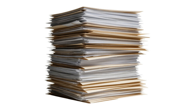Tall stack of assorted office paper sheets and manila folders