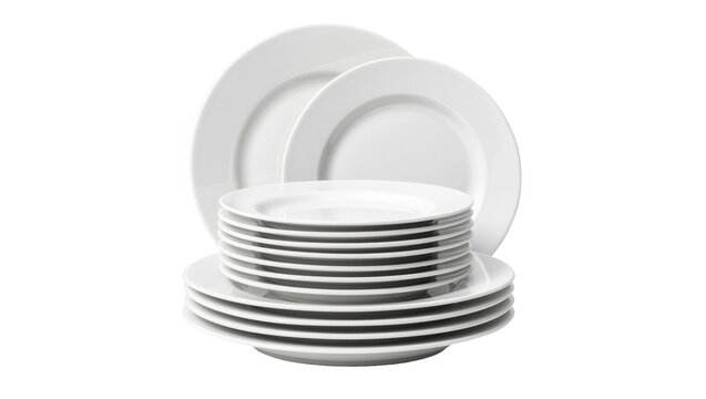 Stack of clean white ceramic dinner plates and saucers