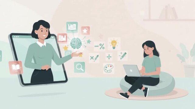 2D flat animation of AI powered online education with female teacher on tablet screen sharing knowledge icons and smart learning resources to girl student studying on laptop at home
