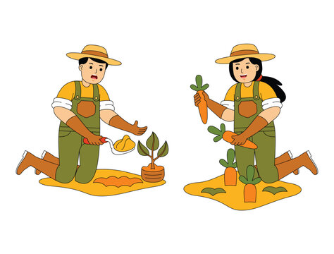 Happy People Farming Vector Illustration