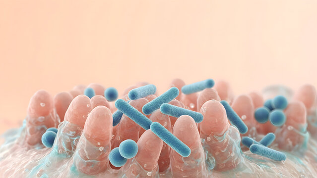3D render of rod shaped and round beneficial bacteria resting on soft translucent intestinal villi