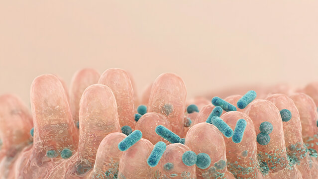 3D render of rod shaped and round beneficial bacteria resting on soft translucent intestinal villi