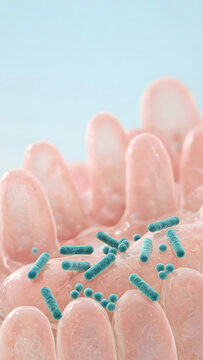 3D render of rod shaped and round beneficial bacteria resting on soft translucent intestinal villi