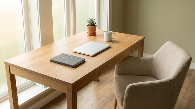 Minimal modern home office with an unbranded laptop, notebook and coffee on a natural wooden desk. Remote work and productivity concept.