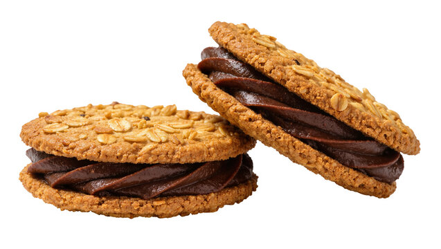 Two round oat cookies filled with dark chocolate cream ganache