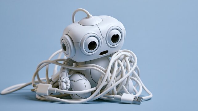 Playful Tech Mishap: Small Robot Wrapped in White Cable on a Light Blue Background, Floor Scene