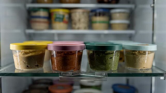 Colorful hummus cups lined up on a glass shelf inside an open refrigerated display case, concept of healthy grab and go snacks for convenience store retail