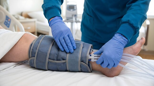 editorial close-up of a rehabilitation nurse's gloved hands fastening a pneumatic compression sleeve around a patient's lower leg and connecting the air hose to a sequential compression therapy pump