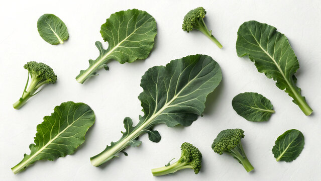Green broccoli foliage with detailed veins isolated on white