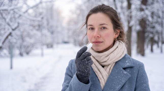 Young woman applying lip balm to chapped lips outdoors in a snowy winter park