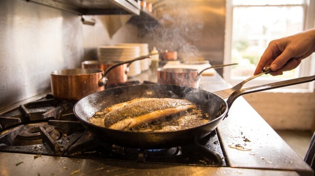 Two fish fillets searing in a black frying pan on a gas stove with a spatula in a chef's hand
