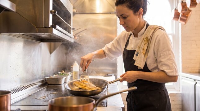 Line cook turning a golden fish fillet in a frying pan with a spatula at a busy restaurant stove