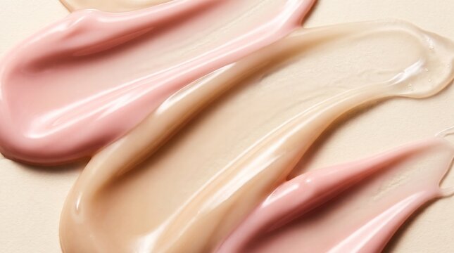 Luxury cosmetic cream and translucent serum forming elegant glossy waves in warm neutral tones. Minimal skincare beauty background with soft highlights.