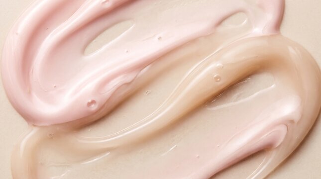 Luxury cosmetic cream and translucent serum forming elegant glossy waves in warm neutral tones. Minimal skincare beauty background with soft highlights.