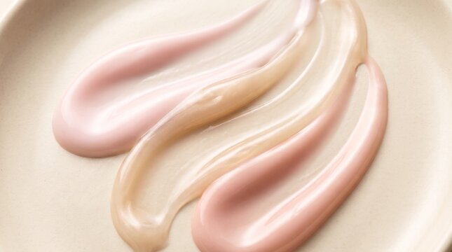Luxury cosmetic cream and translucent serum forming elegant glossy waves in warm neutral tones. Minimal skincare beauty background with soft highlights.