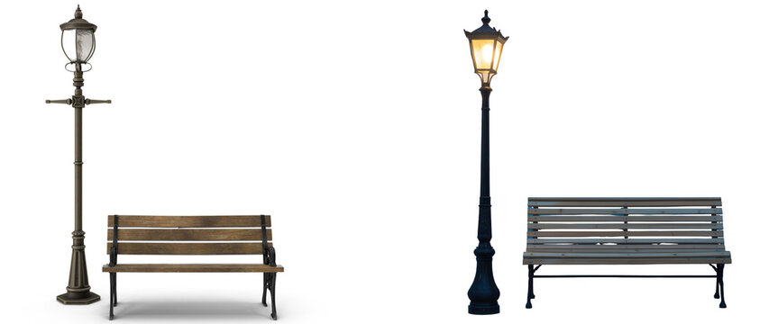 Photograph of two classic street furniture arrangements, featuring ornate lamps and wooden benches.