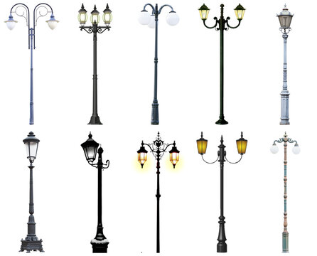Diverse collection of urban streetlights and lampposts, offering various architectural styles.