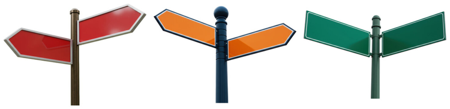 Set of three different empty directional signposts with blank boards.
