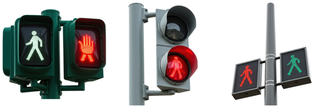 Collection of pedestrian and vehicle traffic signals, displaying green walk and red stop indicators.