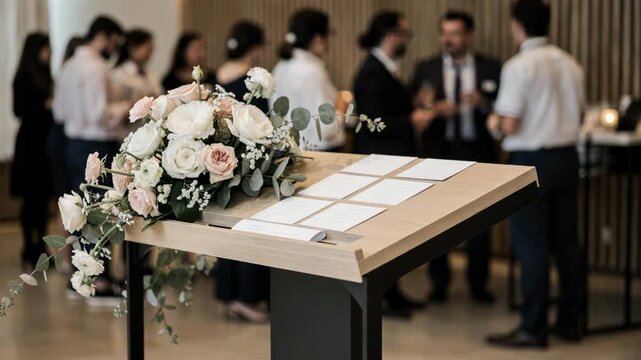 Host podium decorated with fresh flowers and a seating chart as guests and staff mingle at an event, concept of wedding reception and hospitality service