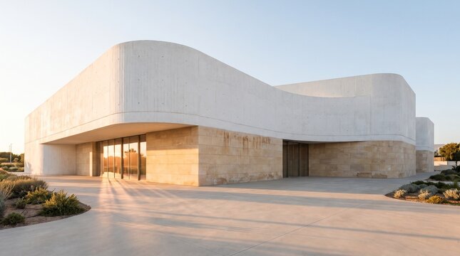 Minimalist contemporary architecture with curved white concrete walls and geometric sunlight shadows. Modern building design and architectural background.