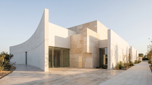 Minimalist contemporary architecture with curved white concrete walls and geometric sunlight shadows. Modern building design and architectural background.
