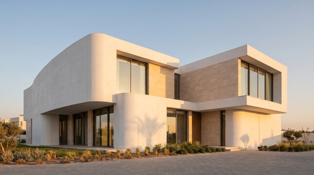 Minimalist contemporary architecture with curved white concrete walls and geometric sunlight shadows. Modern building design and architectural background.