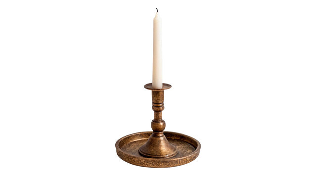 Single lit candle in vintage brass candlestick isolated on transparent background