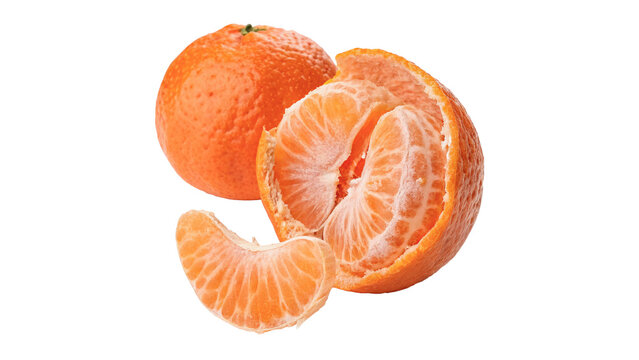 Fresh ripe whole tangerine and peeled segments isolated on transparent background