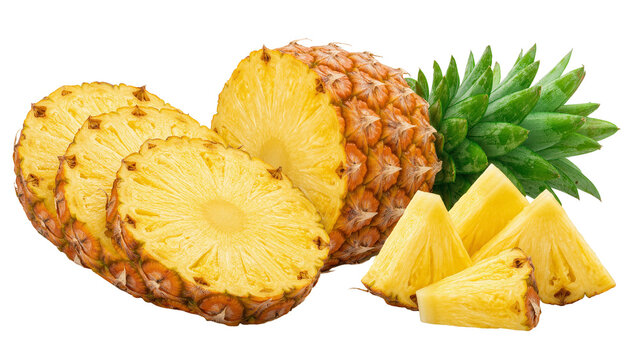 Fresh ripe pineapple fruit with sliced rings and triangular chunks