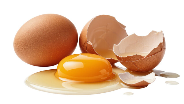 Whole brown egg and cracked eggshell with raw yolk and albumen