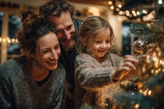 Laughter and togetherness fill the living room as family members adorn their Christmas tree